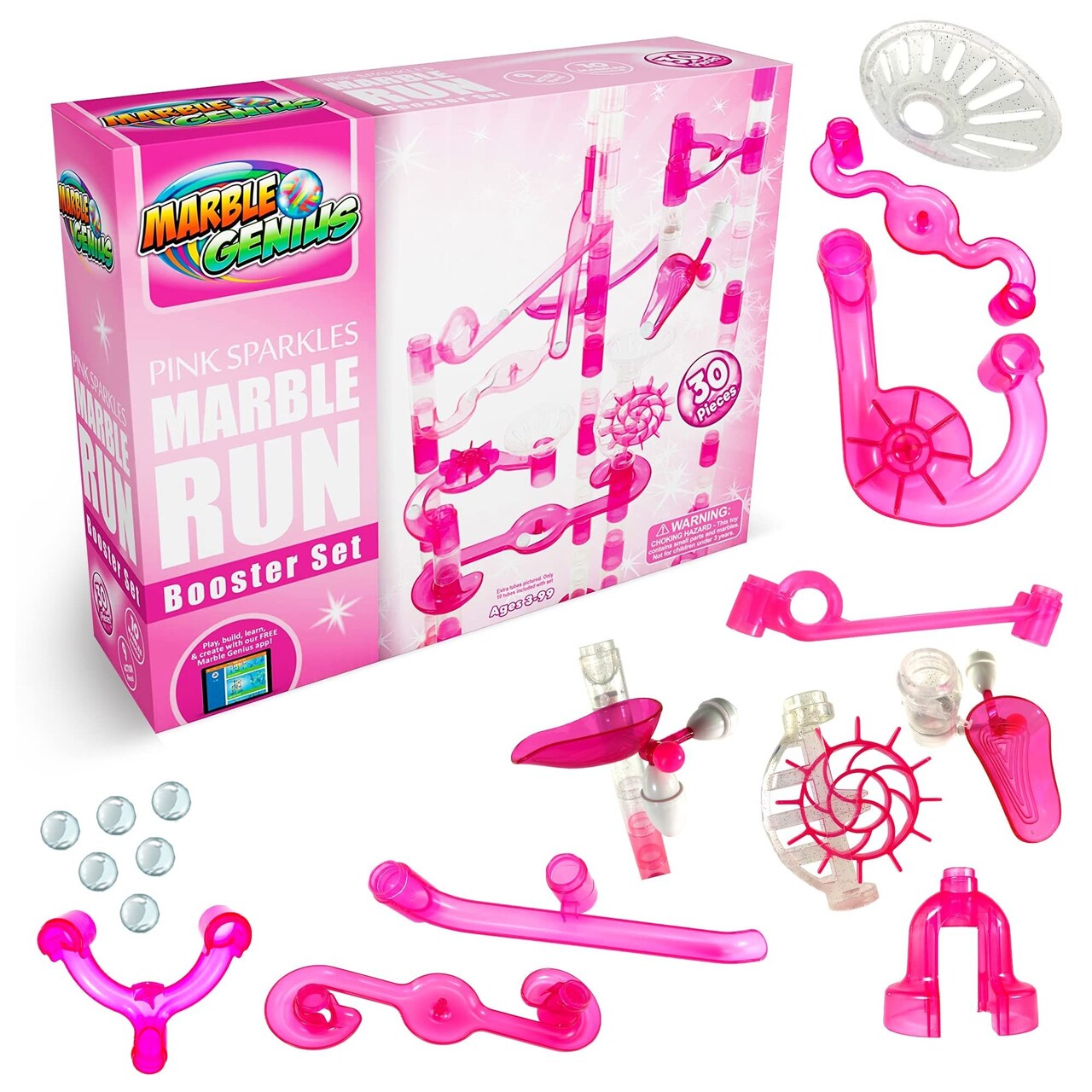 Marble Genius Marble Run Booster Set - 30 Pieces Total (10 Action Pieces Included), Construction Building Blocks Toys for Ages 4 and Above, Add-On Set, Pink Sparkles